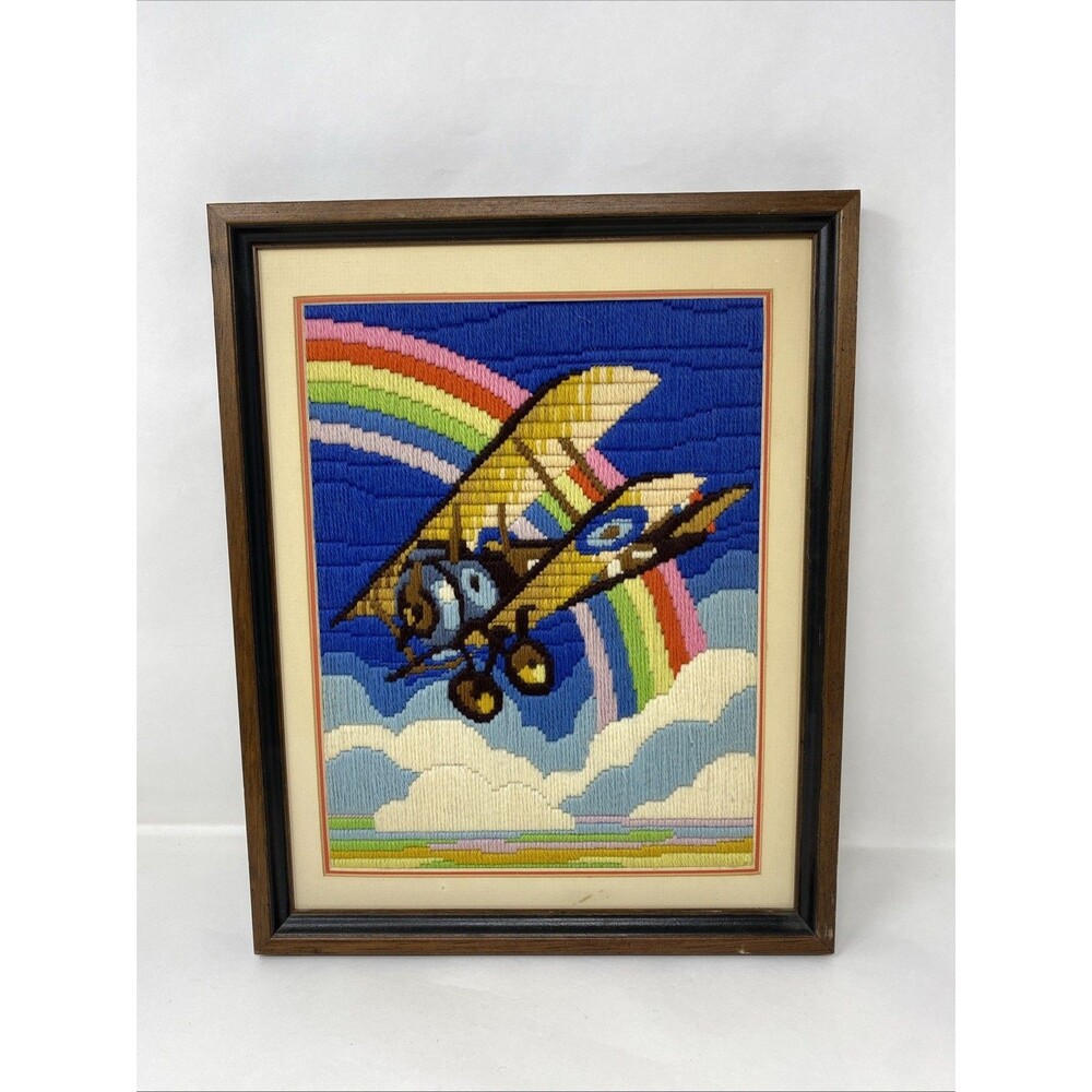 VTG 1970s Rainbow Flight Plane Finished & Framed Long Stitch Cottagecore 16x12